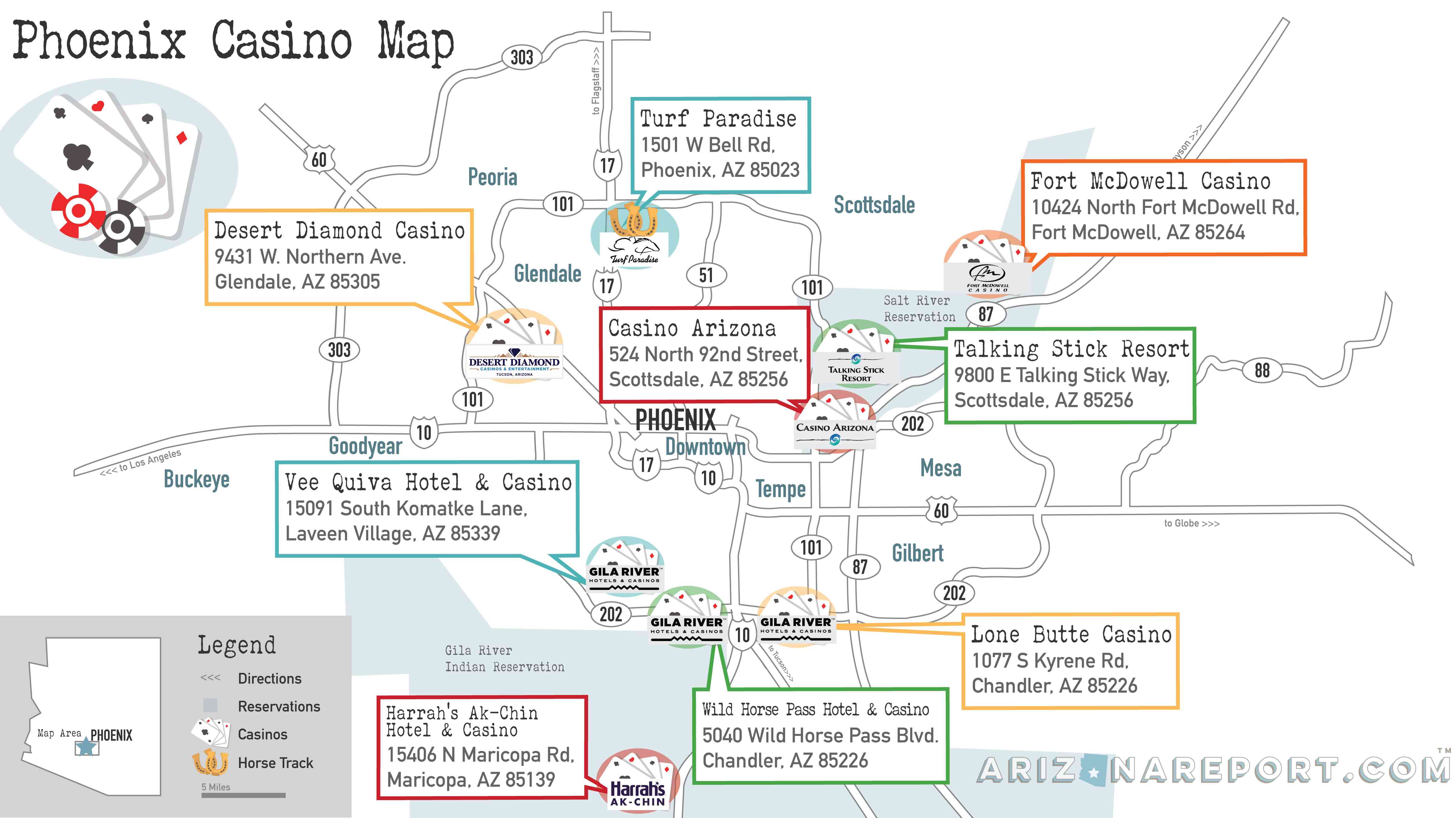 Phoenix casino map of the 8 tribal casinos and 1 horse racing track in metro Phoenix, Arizona. 